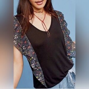 Anthropologie Vanessa Virginia V-Neck Black Indak Ruffle Sleeve Top SZ XL NWT